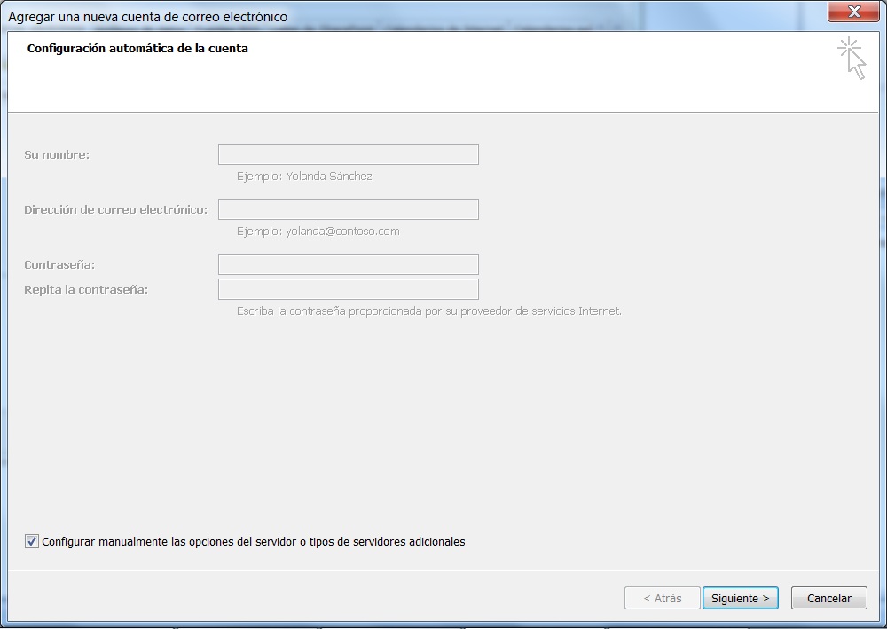 Configuración automática o manual de la cuenta de correo.